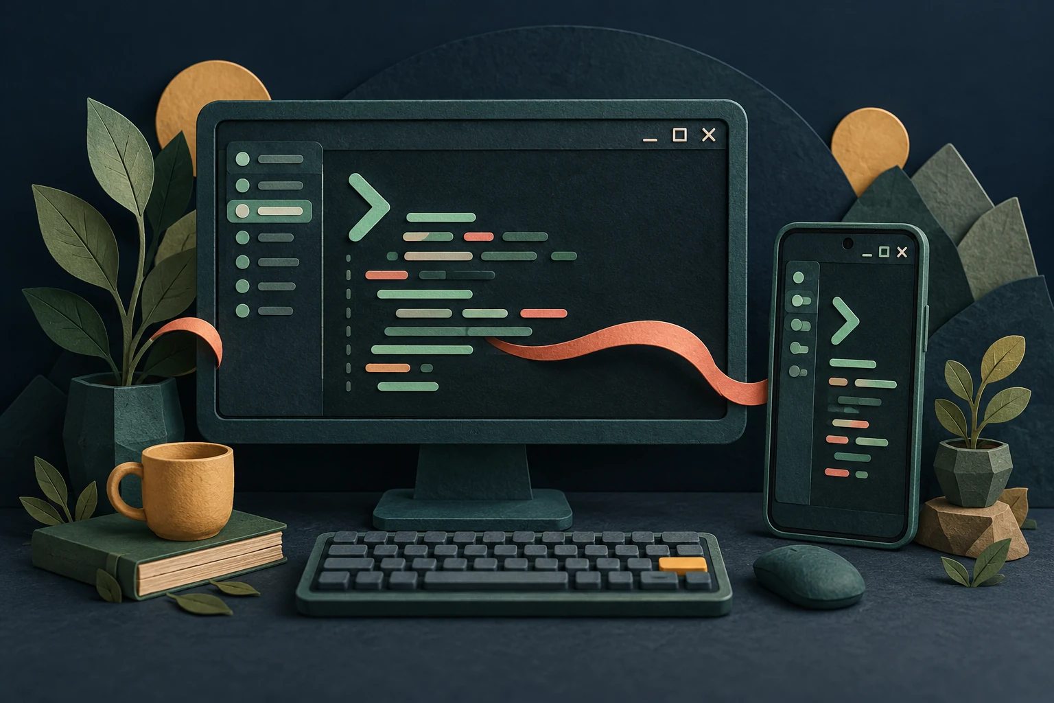 A handcrafted desktop monitor and Android phone with mint terminal panels, joined by a flowing coral ribbon.