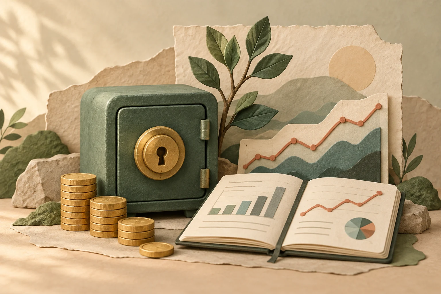 A sage-green vault beside an open notebook, neatly stacked coins, paper charts, and a small leafy branch.
